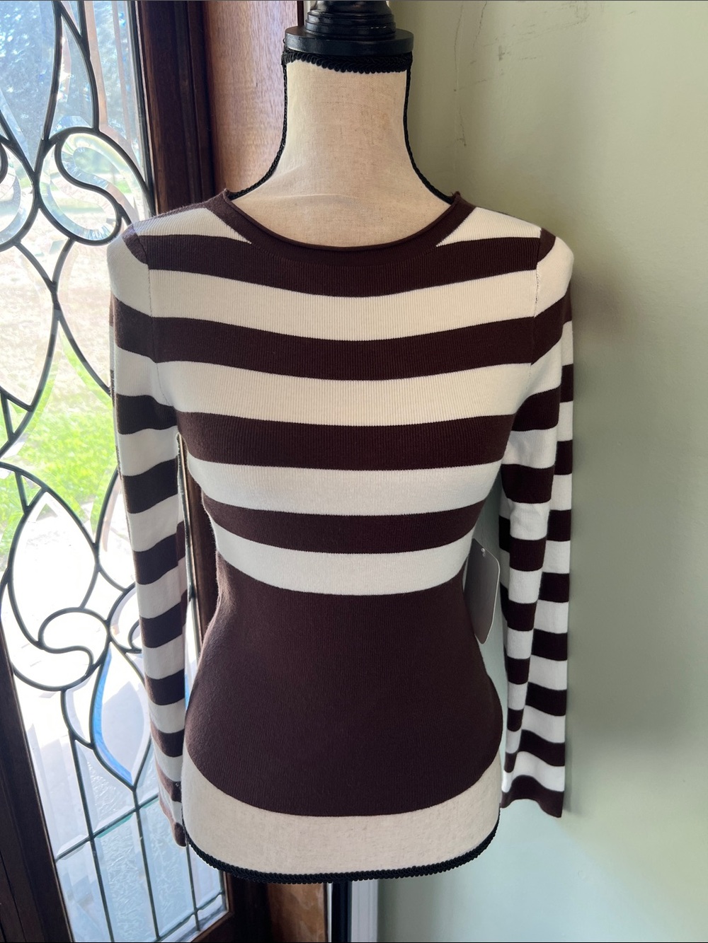 Striped Long-Sleeve Crewneck Top in Brown & White